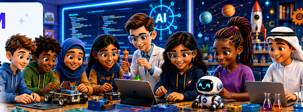 Diverse students learning robotics, coding, artificial intelligence and science